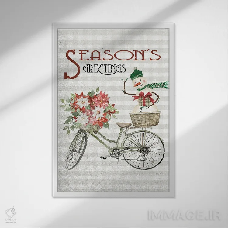 تابلو دکوراتیو دوچرخه تبریکات فصلی اثر سیندی جیکوبز - نمای قابدار سفید