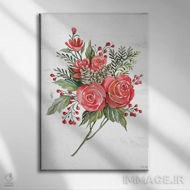 تابلو مدرن رز کریسمسی گیاهی اثر سیندی جیکوبز - نمای روبهرو روی دیوار