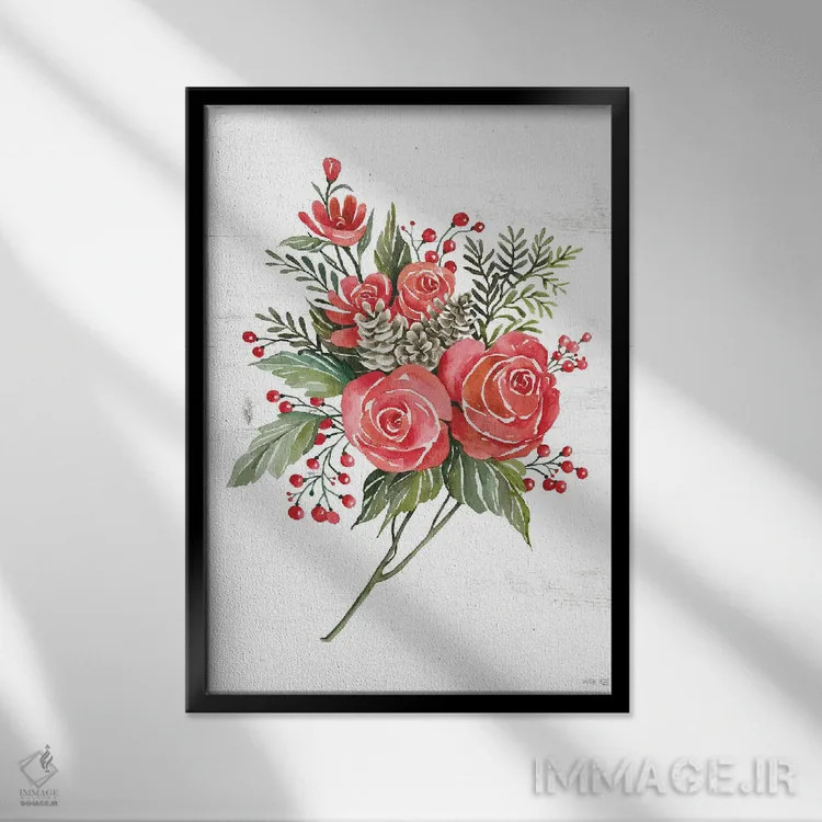 تابلو مدرن رز کریسمسی گیاهی اثر سیندی جیکوبز - نمای قابدار مشکی
