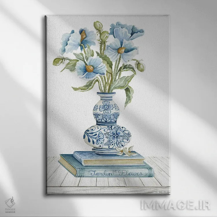 تابلو دکوراتیو گل های آبی دلفت شماره دو اثر سیندی جیکوبز - نمای روبهرو روی دیوار