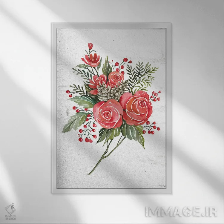 تابلو مدرن رز کریسمسی گیاهی اثر سیندی جیکوبز - نمای قابدار سفید