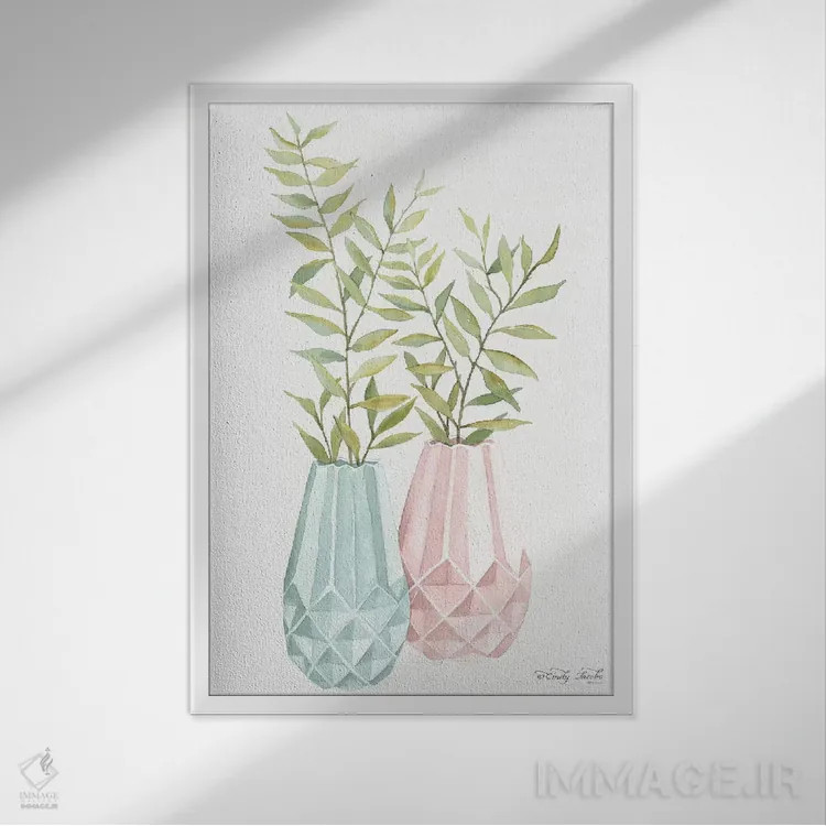 تابلو دکوراتیو گلدان هندسی پاستل شماره یک اثر سیندی جیکوبز - نمای قابدار سفید