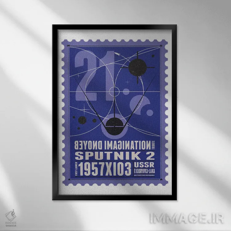 تابلو دکوراتیو ناوگان فضایی ۲۱: تمبر اسپوتنیک ۲ اثر چانکونگ - نمای قابدار مشکی