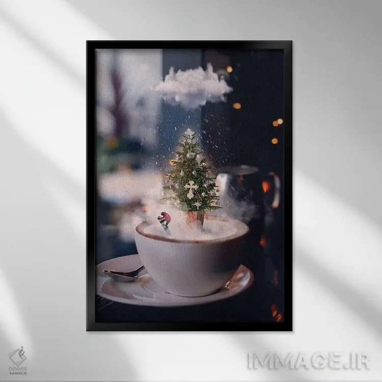 تابلو دکوراتیو کریسمس در یک فنجان اثر کلودیا مک کینی - نمای قابدار مشکی