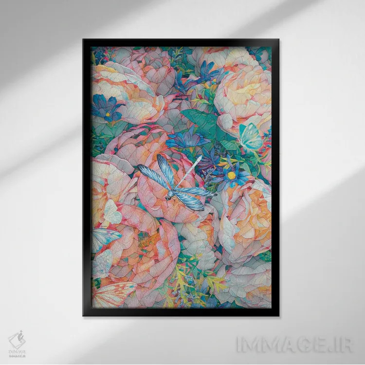 تابلو دکوراتیو باغ سنجاقک اثر کلودیا مک کینی - نمای قابدار مشکی