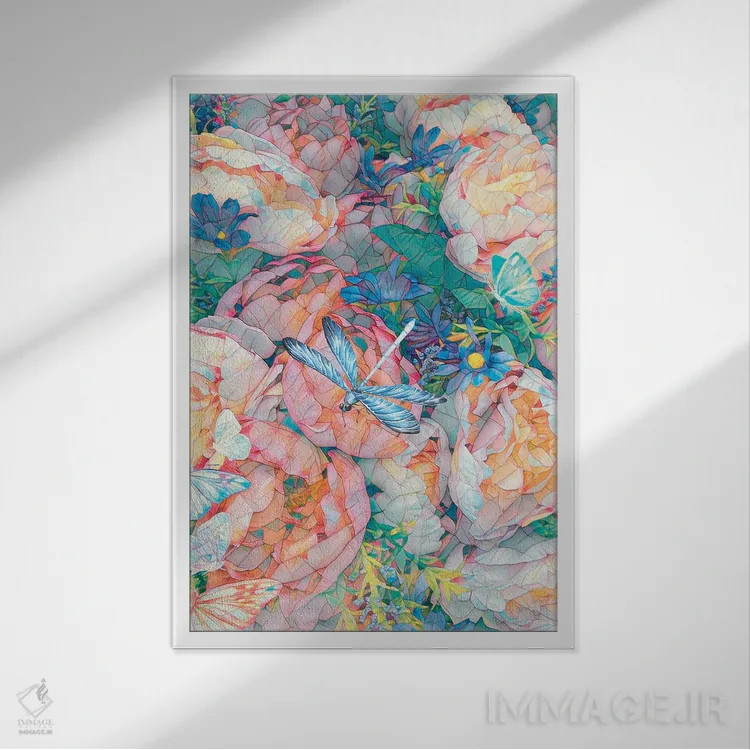 تابلو دکوراتیو باغ سنجاقک اثر کلودیا مک کینی - نمای قابدار سفید