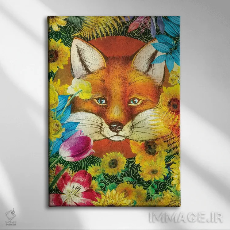 تابلو دکوراتیو روباه میان گل ها اثر کلودیا مک کینی - نمای روبهرو روی دیوار