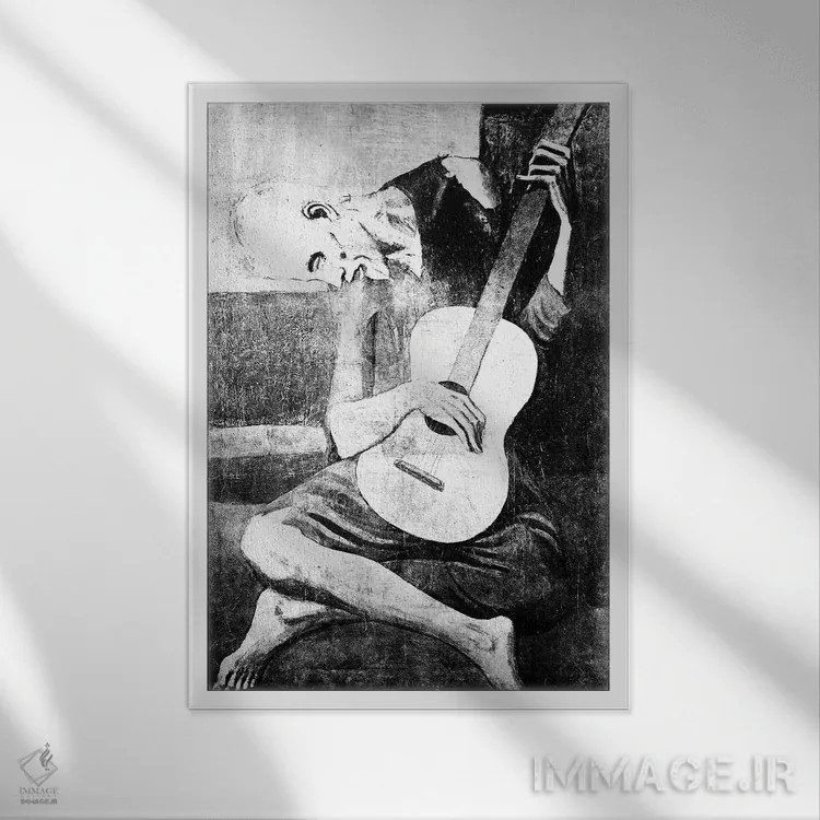 تابلو دکوراتیو نوازنده پیر گیتار هفتم اثر فایو بای فایو کالکتیو - نمای قابدار سفید