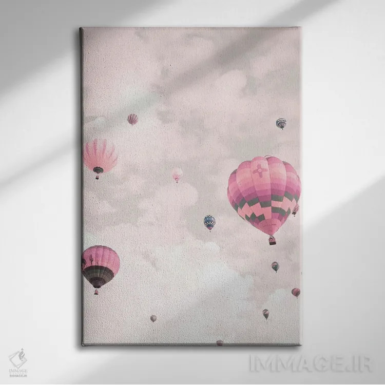 تابلو دکوراتیو بادکنک ها بر فراز آسمان صورتی اثر کارولین مینت - نمای روبهرو روی دیوار