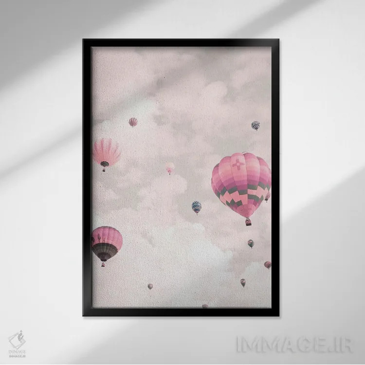 تابلو دکوراتیو بادکنک ها بر فراز آسمان صورتی اثر کارولین مینت - نمای قابدار مشکی