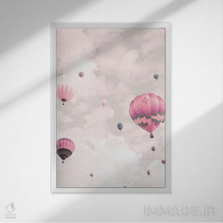 تابلو دکوراتیو بادکنک ها بر فراز آسمان صورتی اثر کارولین مینت - نمای قابدار سفید