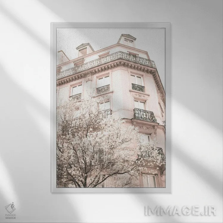 تابلو دکوراتیو پاریس در صورتی کمرنگ، ماره دوم اثر کارولین مینت - نمای قابدار سفید