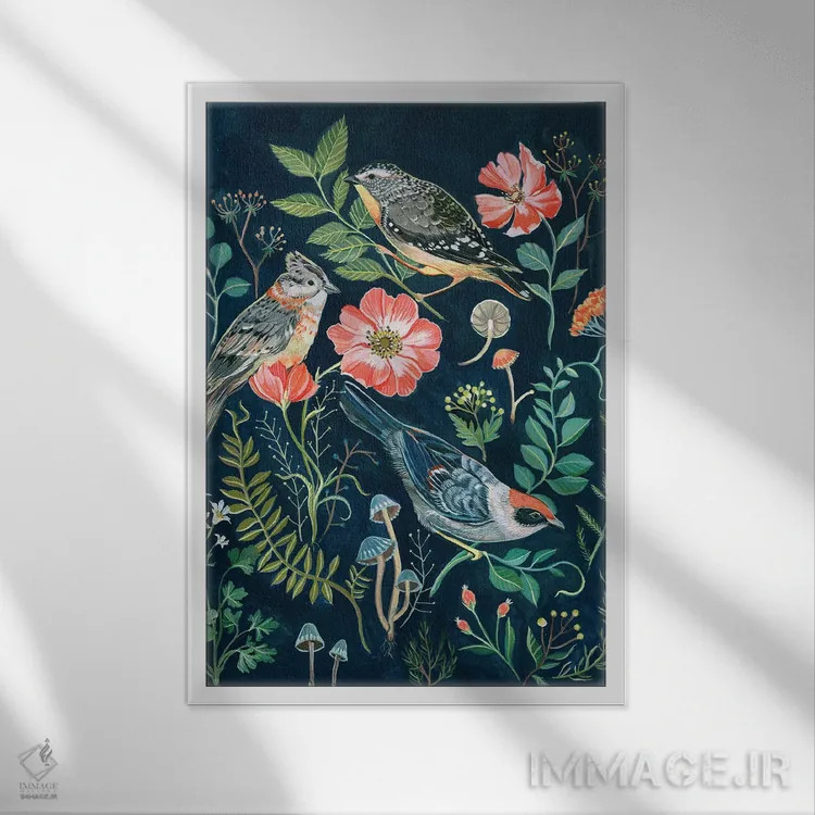 تابلو دکوراتیو باغ پرندگان اثر کلارا مک آلیستر - نمای قابدار سفید