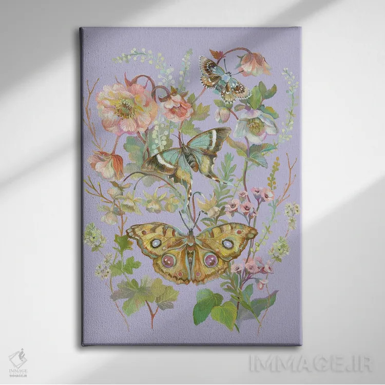 تابلو دکوراتیو باغ پروانه یاسی اثر کلارا مک آلیستر - نمای روبهرو روی دیوار