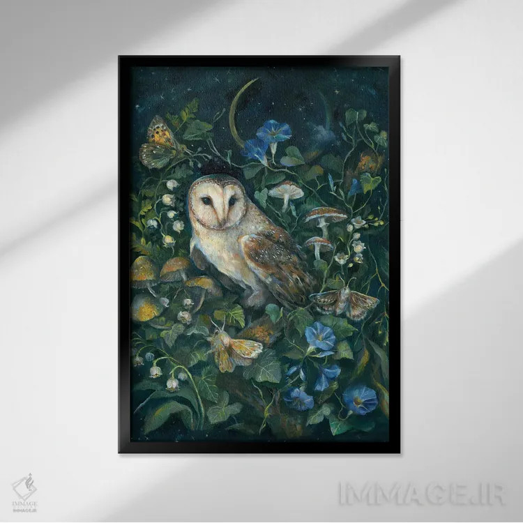 تابلو دکوراتیو جغد انباری اثر کلارا مک آلیستر - نمای قابدار مشکی