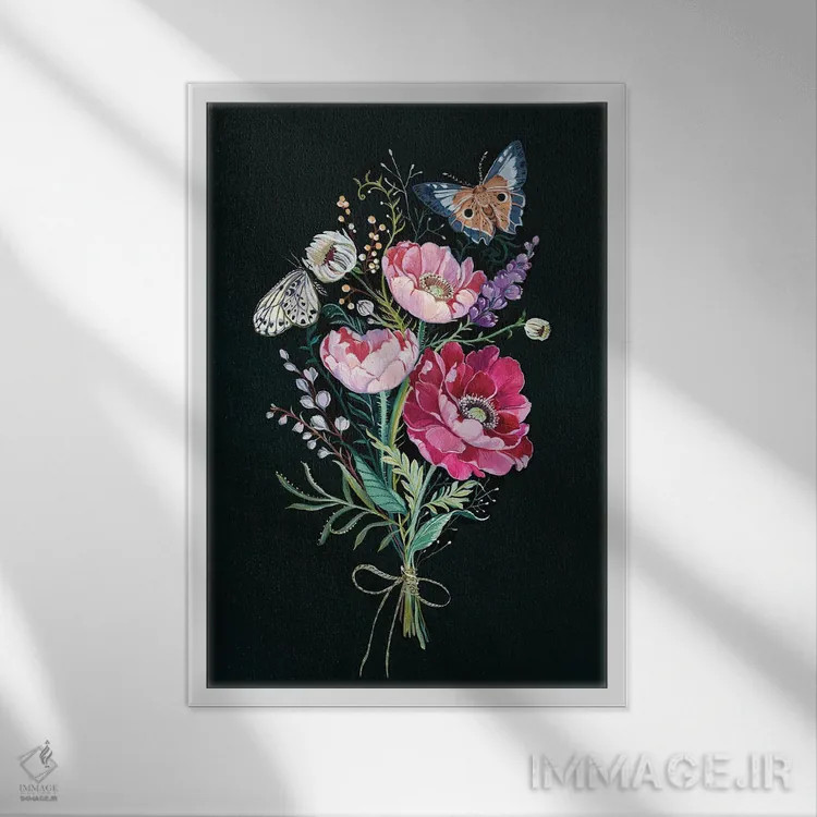 تابلو دکوراتیو دسته گل گل دار اثر کلارا مک آلیستر - نمای قابدار سفید