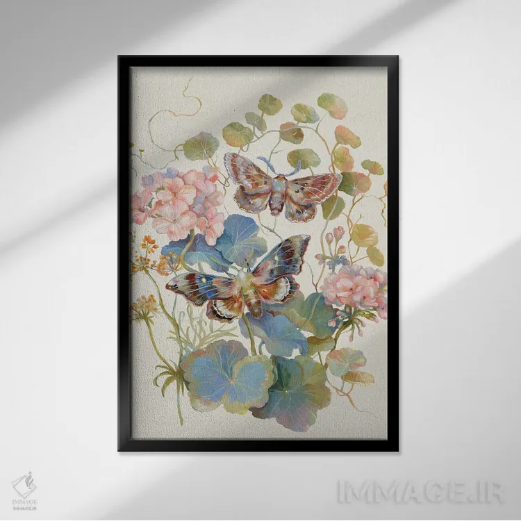 تابلو دکوراتیو شب پره گل دار شمعدانی اثر کلارا مک آلیستر - نمای قابدار مشکی