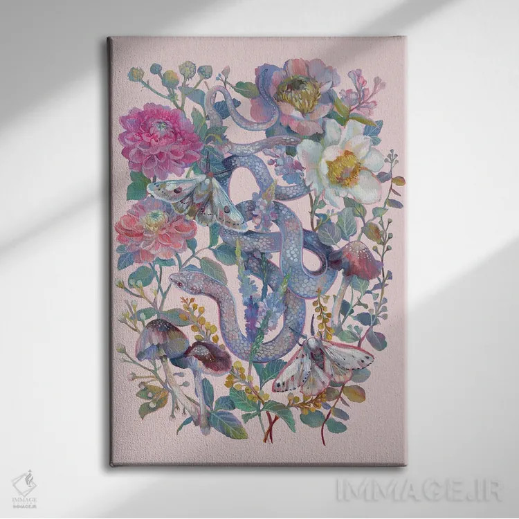 تابلو دکوراتیو باغ گل دار صورتی با مار اثر کلارا مک آلیستر - نمای روبهرو روی دیوار