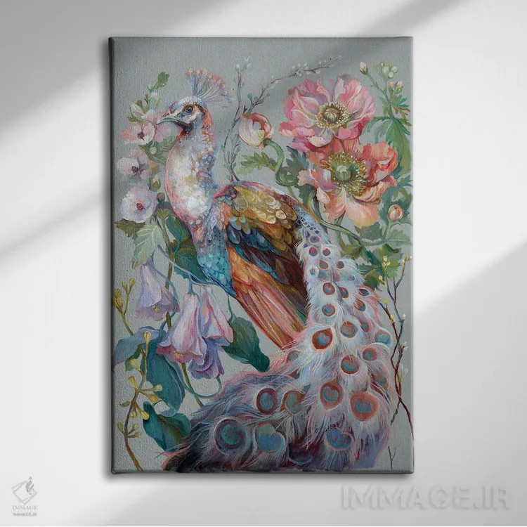 تابلو دکوراتیو طاووس گل دار اثر کلارا مک آلیستر - نمای روبهرو روی دیوار
