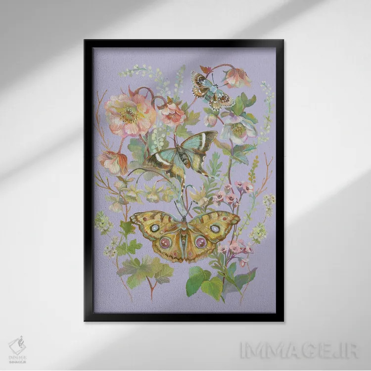 تابلو دکوراتیو باغ پروانه یاسی اثر کلارا مک آلیستر - نمای قابدار مشکی