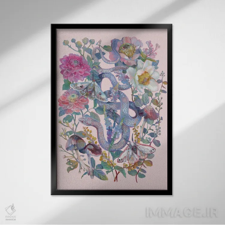 تابلو دکوراتیو باغ گل دار صورتی با مار اثر کلارا مک آلیستر - نمای قابدار مشکی