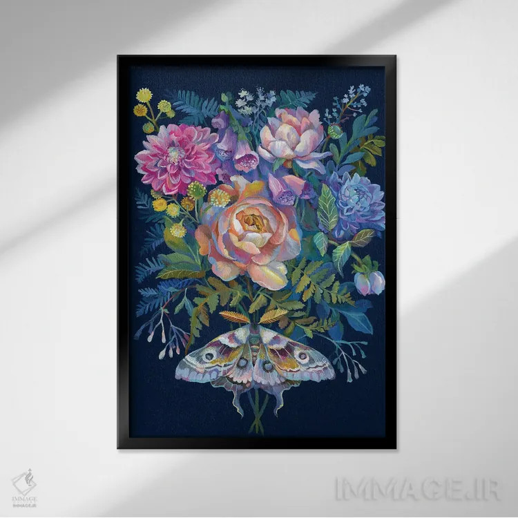 تابلو دکوراتیو دسته گل شب پره اثر کلارا مک آلیستر - نمای قابدار مشکی