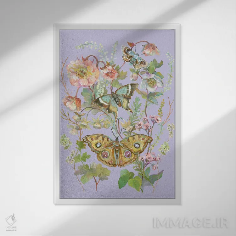 تابلو دکوراتیو باغ پروانه یاسی اثر کلارا مک آلیستر - نمای قابدار سفید