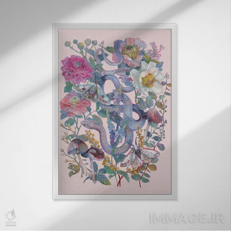 تابلو دکوراتیو باغ گل دار صورتی با مار اثر کلارا مک آلیستر - نمای قابدار سفید