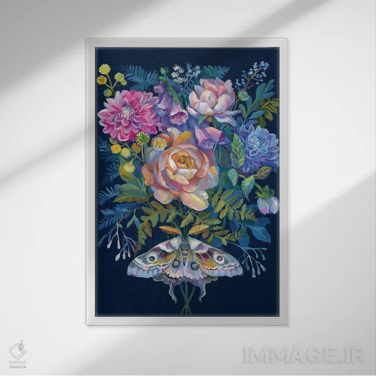 تابلو دکوراتیو دسته گل شب پره اثر کلارا مک آلیستر - نمای قابدار سفید