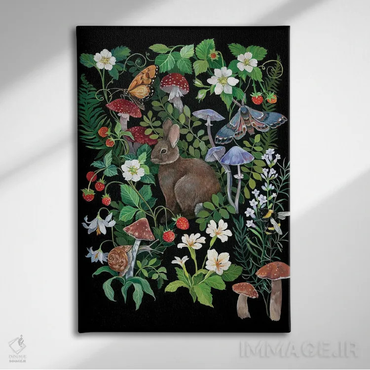 تابلو دکوراتیو خرگوش و توت فرنگی ها اثر کلارا مک آلیستر - نمای روبهرو روی دیوار