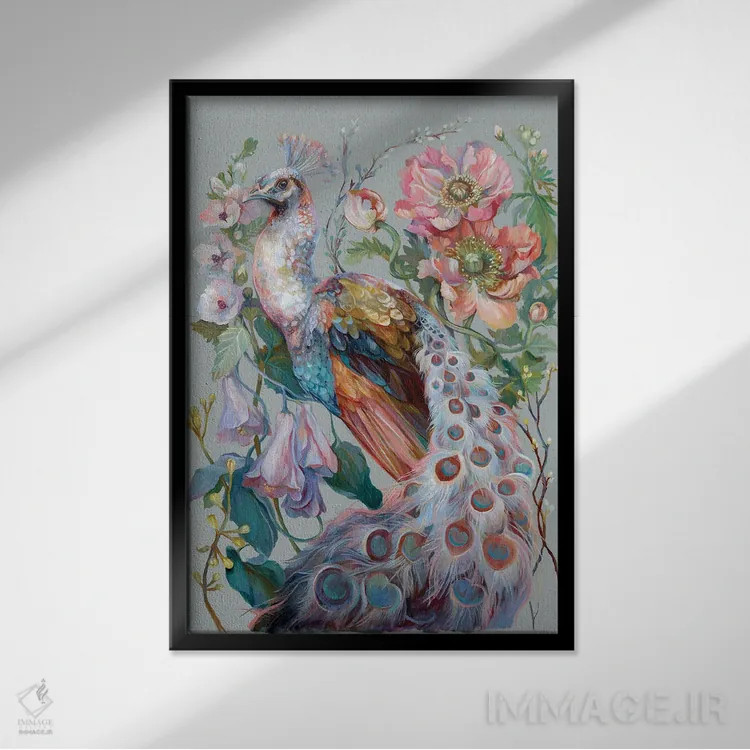 تابلو دکوراتیو طاووس گل دار اثر کلارا مک آلیستر - نمای قابدار مشکی