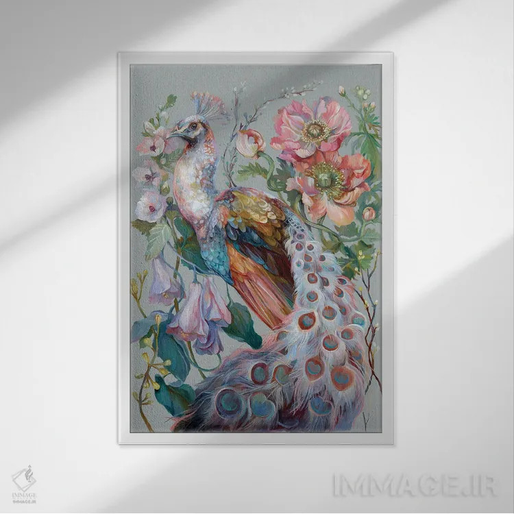 تابلو دکوراتیو طاووس گل دار اثر کلارا مک آلیستر - نمای قابدار سفید