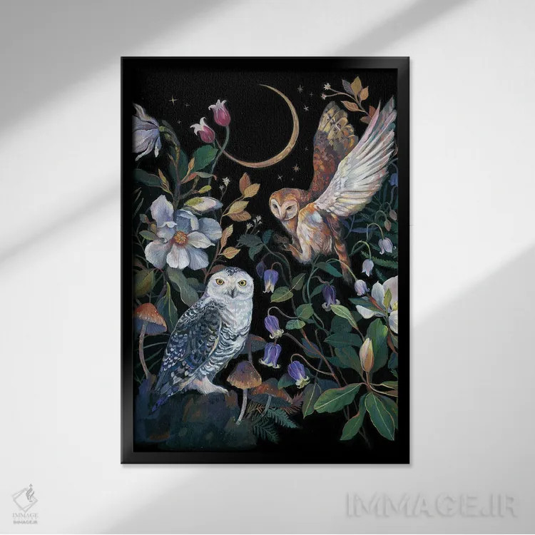 تابلو دکوراتیو مگنولیا و جغدها اثر کلارا مک آلیستر - نمای قابدار مشکی