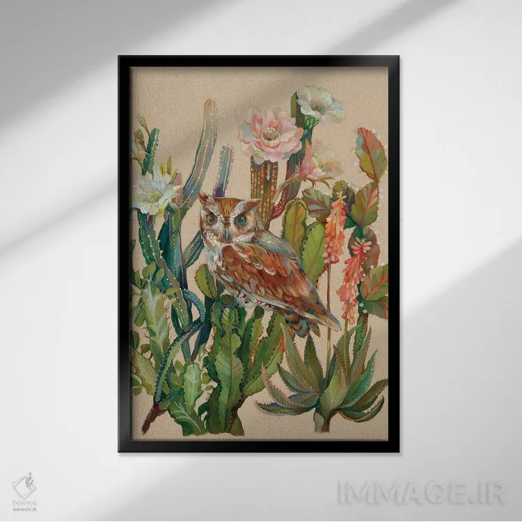 تابلو دکوراتیو جغد بیابانی اثر کلارا مک آلیستر - نمای قابدار مشکی