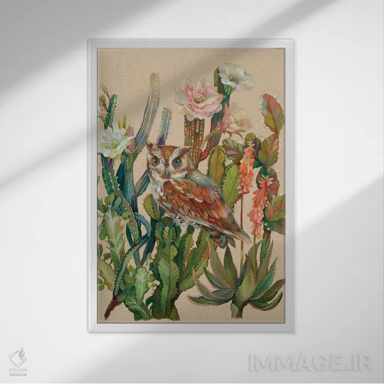 تابلو دکوراتیو جغد بیابانی اثر کلارا مک آلیستر - نمای قابدار سفید