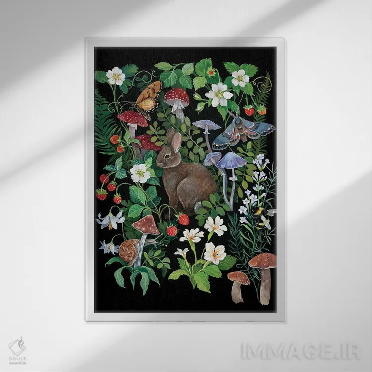 تابلو دکوراتیو خرگوش و توت فرنگی ها اثر کلارا مک آلیستر - نمای قابدار سفید