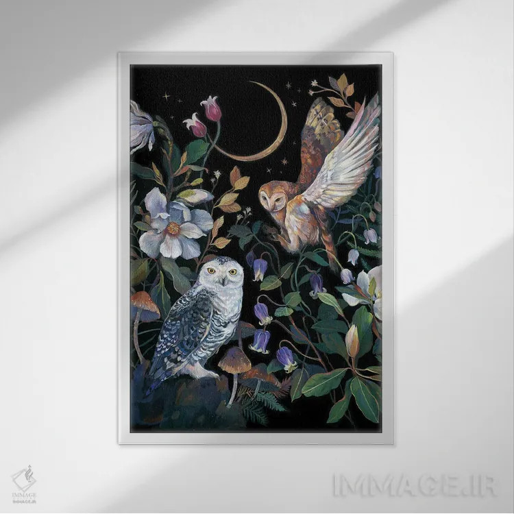 تابلو دکوراتیو مگنولیا و جغدها اثر کلارا مک آلیستر - نمای قابدار سفید