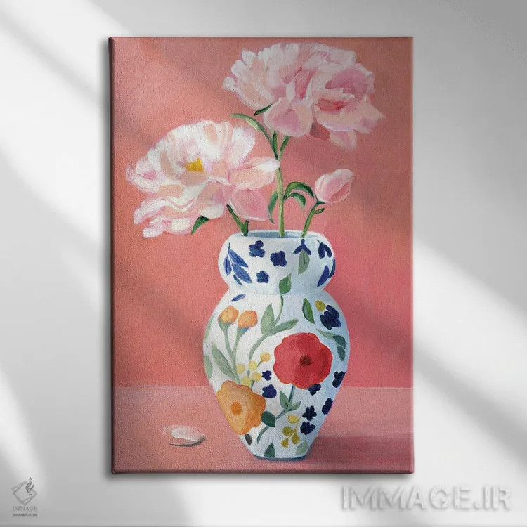 تابلو دکوراتیو گلدان با گل های صدتومانی اثر کتی مینگوس - نمای روبهرو روی دیوار