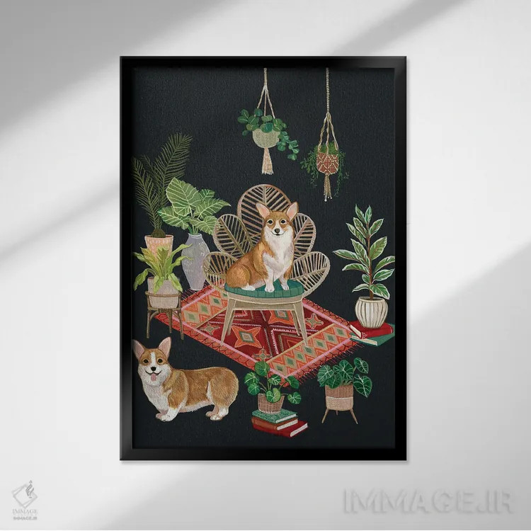 تابلو دکوراتیو کورگی ها اثر کلارا مک آلیستر - نمای قابدار مشکی