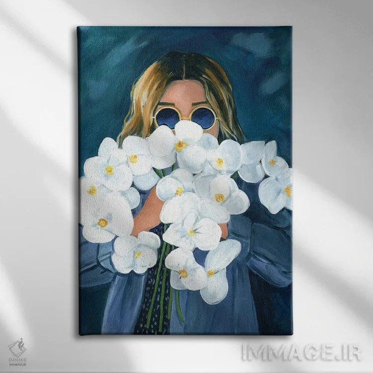 تابلو دکوراتیو دختر با گل های ارکیده اثر کتی مینگوس - نمای روبهرو روی دیوار