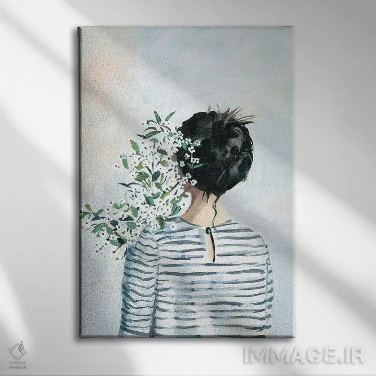 تابلو دکوراتیو دختر با دسته گل اثر کتی مینگوس - نمای روبهرو روی دیوار