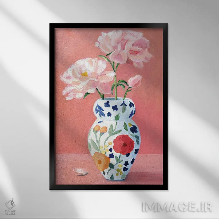 تابلو دکوراتیو گلدان با گل های صدتومانی اثر کتی مینگوس - نمای قابدار مشکی