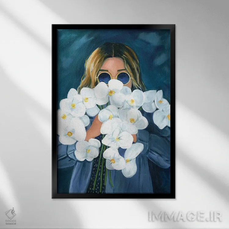 تابلو دکوراتیو دختر با گل های ارکیده اثر کتی مینگوس - نمای قابدار مشکی