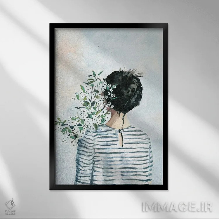 تابلو دکوراتیو دختر با دسته گل اثر کتی مینگوس - نمای قابدار مشکی