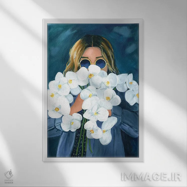 تابلو دکوراتیو دختر با گل های ارکیده اثر کتی مینگوس - نمای قابدار سفید