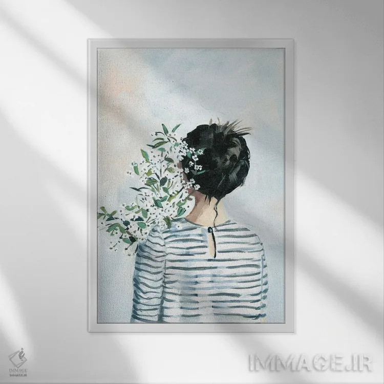 تابلو دکوراتیو دختر با دسته گل اثر کتی مینگوس - نمای قابدار سفید