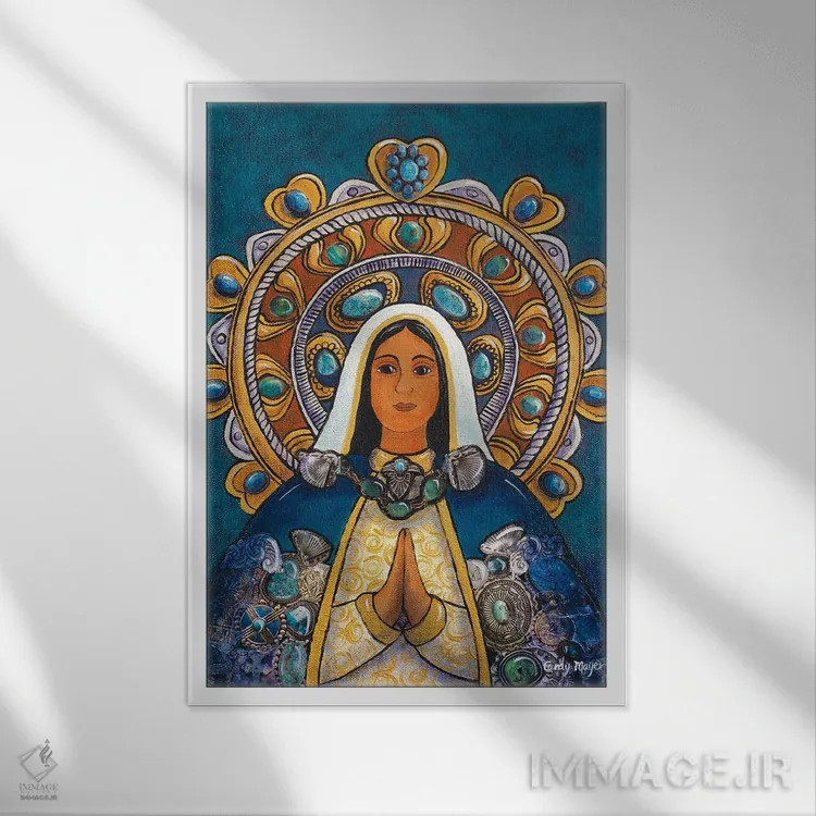 تابلو دکوراتیو مریم مقدس با هاله نور اثر کندی مایر - نمای قابدار سفید