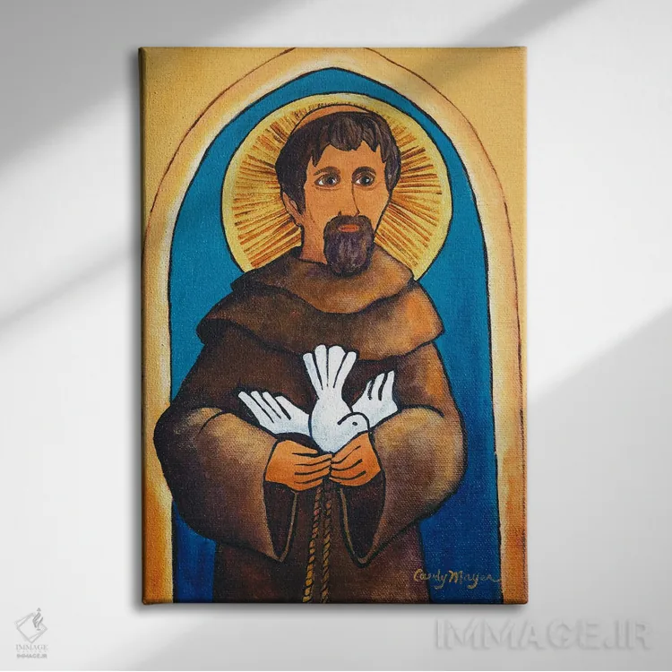 تابلو دکوراتیو سن فرانسیس با کبوتر اثر کندی مایر - نمای روبهرو روی دیوار