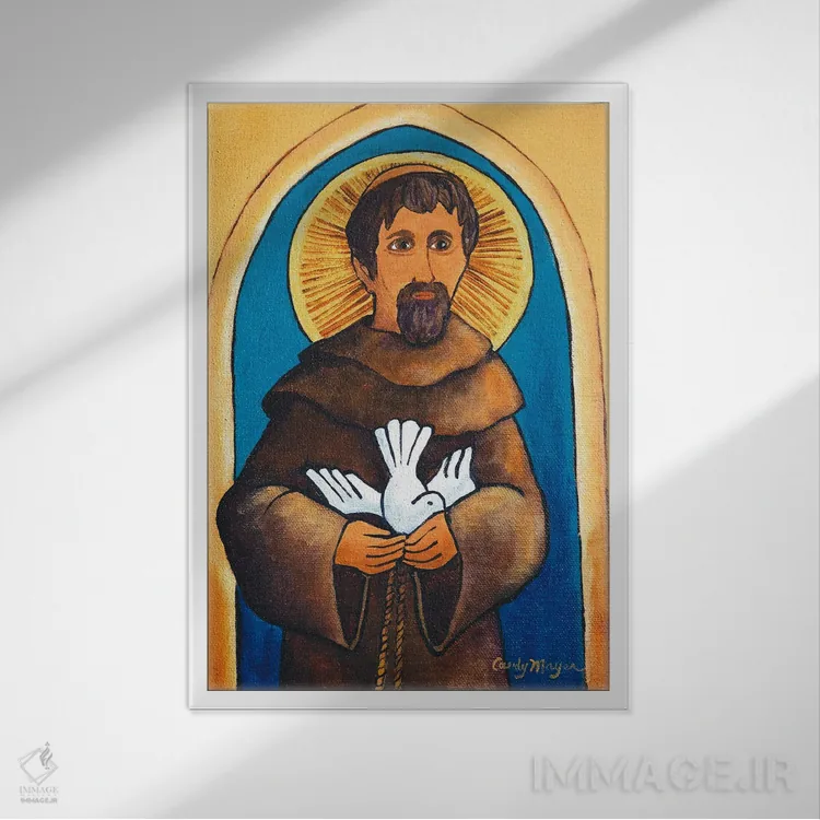 تابلو دکوراتیو سن فرانسیس با کبوتر اثر کندی مایر - نمای قابدار سفید