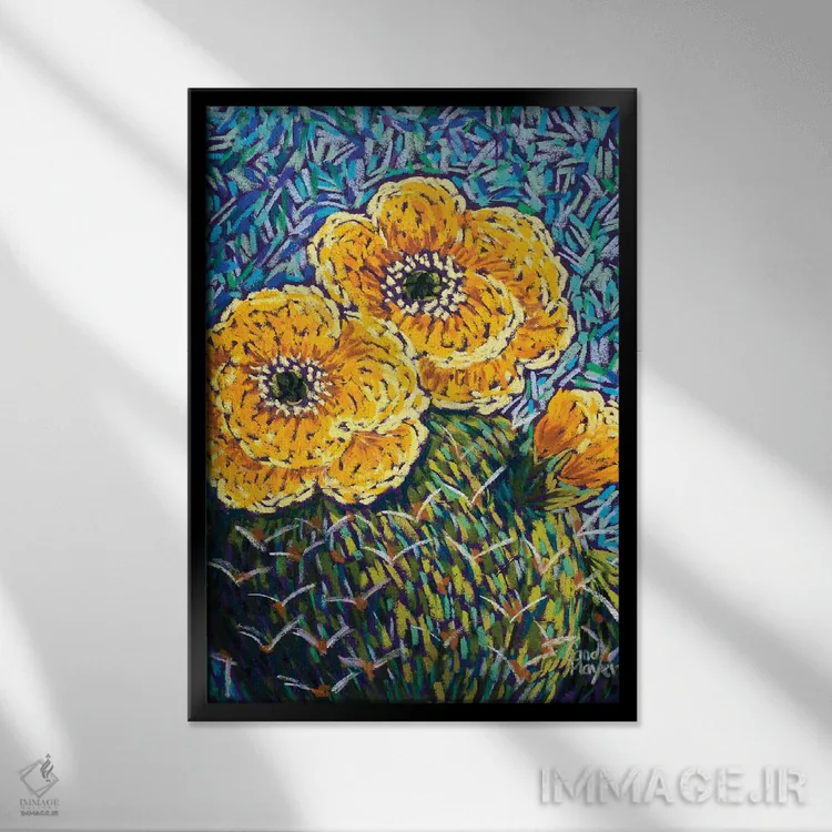 تابلو دکوراتیو انجیر خارگی زرد اثر کندی مایر - نمای قابدار مشکی